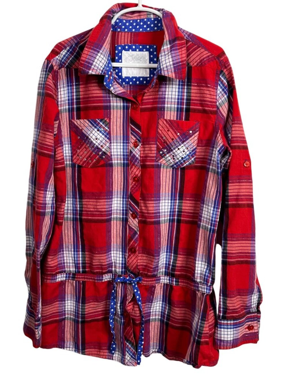 Justice Girls 14 Red Blue Plaid Button Down Shirt Preppy Fall